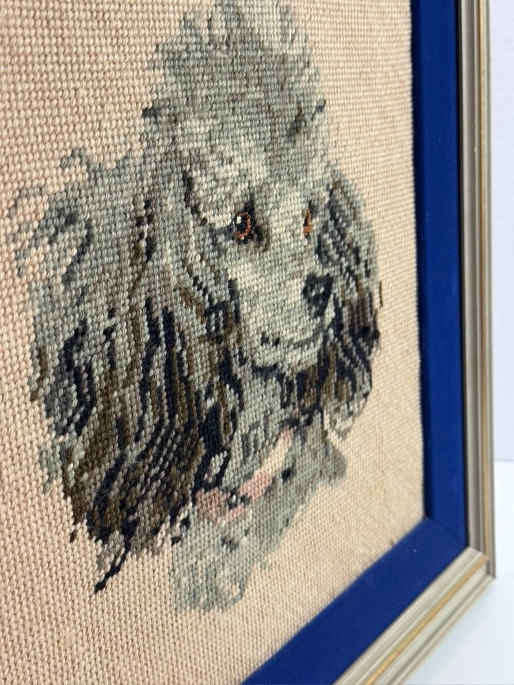 needlepoint blue velvet border grey poodle portrait picture frame hand stitched - Picture 6 of 11